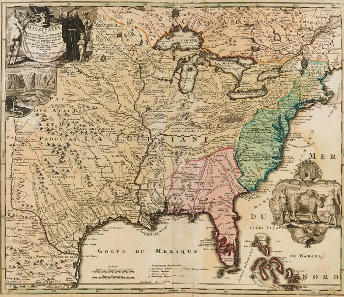 Nordamerika / Mittelamerika. Amplissimae Regionis Mississippi Seu Provinciae Ludovicianae... 1687 ... Nova Tabula / Tabula Mexicae et Floridae, das Gebiet östlich des Mississippi und südlich der großen Seen bzw. Mexiko mit Mittelamerika, der Karibik und dem nordamerikanischen Südosten.