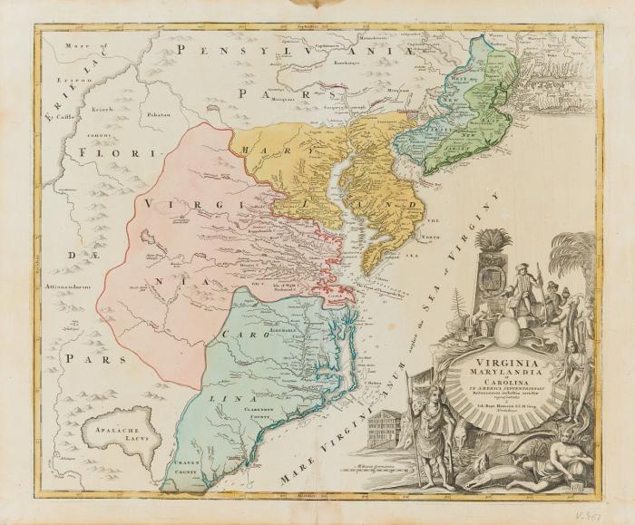 Amerika. Ostküste. Virginia Marylandia et Carolina in America septentrionali Britannorum industria excultae repraesentatae, mit der Ostküste von der Hudson-Mündung bis Cape Fear und dem südlichenTeil von Pennsylvanien, New Jersey, Maryland, Virginia und North Carolina.
