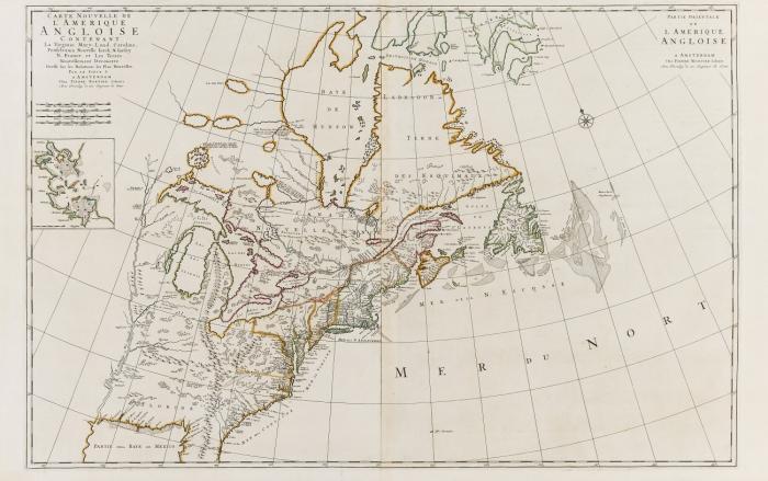 Amerika. Carte Nouvelle de l'Amerique Anglois contenant La Virginie, Mary-Land, Caroline, Pensylvania, Nouvelle Iorck, N: Iarsey, N. France, et Les Terres Nouvellement Decouerte, der Osten des nordanerikanischen Kontinents von der Hudson Bay bis Nord-Florida von der Ostküste bis zum Mississippi.
