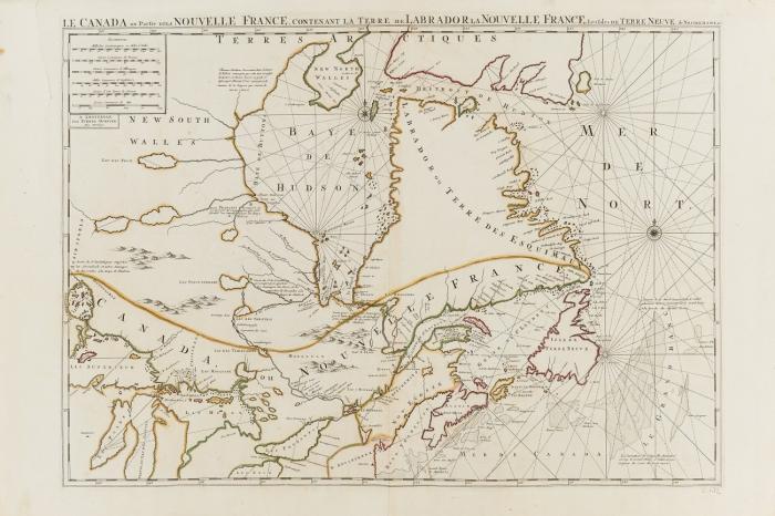 Kanada. Le Canada ou Partie dela Nouvelle France, contenant la Terre de Labrador la Nouvelle France, Les Isles de Terre Neuve, de Nostre Dame & c., der Osten Kanadas mit der Hudson Bay, den großen Seen, Labrador, Neufundland und Nova Scotia.