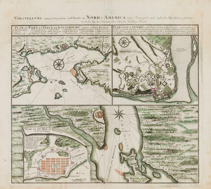 Kanada. Louisbourg / Quebec / Halifax. Vorstellung einiger Gegenden und Plaetze in Nord-America unter Französisch und Englische Jurisdiction gehoerig (Plan du Port et Ville de Louisbourg, dans L'Isel Royale / Plan de la ville de Quebec/ Plan of the Town of Halifax in Nova Scotia), in drei Teilkarten Befestigungs- und Stadtpläne mit Ungebung von Louisbourg auf der Kap-Breton-Insel, Halifax (Nova Scotia) und Quebec.
