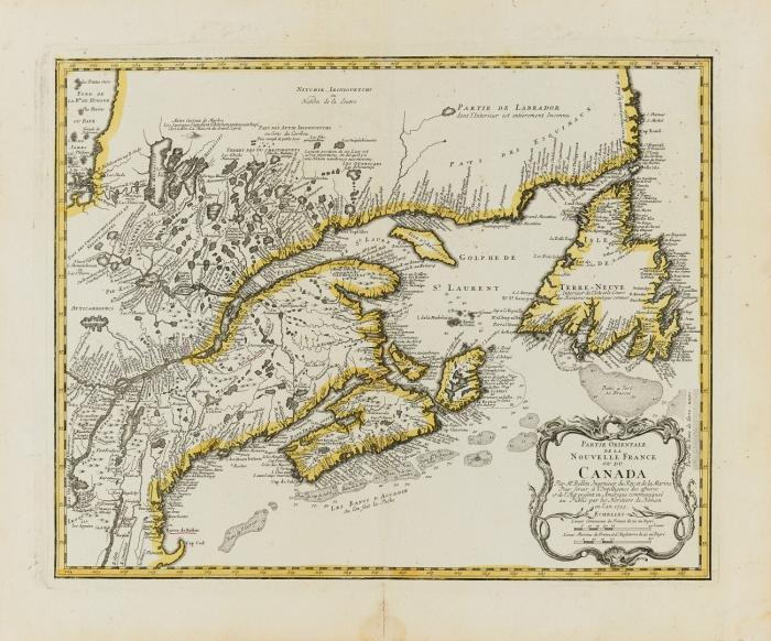 Kanada / St. Lorenz-Strom. Partie Orientale de la Nouvelle France ou du Canada, der St.Lorenz-Strom vom Lake Ontario bis zur Mündund, mit dem südlichen Quebec und Labrador, Neufundland, Nova Scotia, New Brunswick sowie Neuengland mit der Atlantikküste bis Cape Cod.