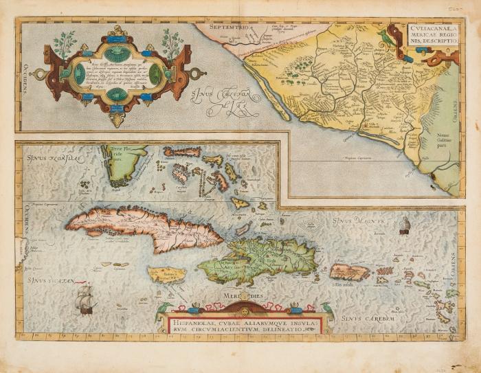 Mexiko / Antillen. Culiacanae, Americae Regionis, Descriptio / Hispaniola, Cubae, Aliarumque Insularum Circumiacentium, Delineatio, 2 Teilkarten auf 1 Blatt; Zentralmexiko mit der Provinz Sinalao und Culiacán sowie die Antillen von der Südspitze Floridas bis Martinique.