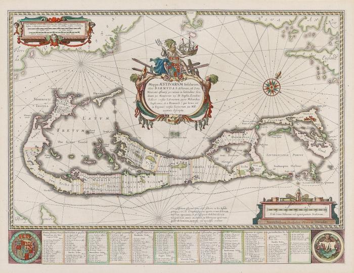 Bermuda. Mappa Aestivarum Insularum, alias Bermudas ... descripta, Grand Bermuda mit Kompassrose und ausführlicher Legende.