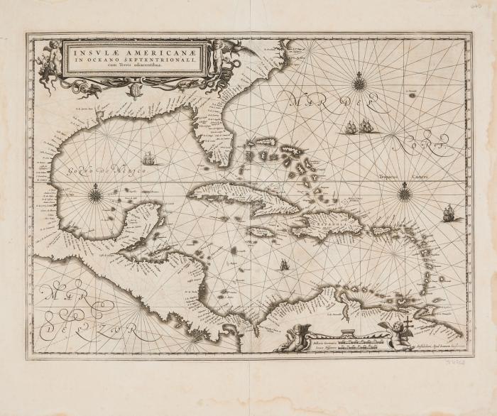 Amerika. Karibik. Insulae Americanae in Oceano Septentrionali cum Terris adiacentibus, Karibik mit Antillen und den umliegenden Küsten.