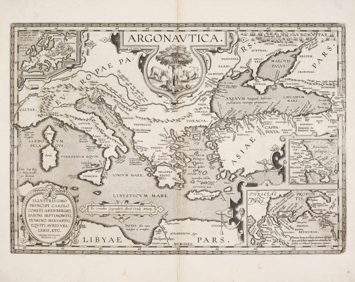 Mittelmeer. Argonautica, das antike östliche Mittelmeer und Schwarzes Meer, mit figürlicher Kartusche und 3 kleinen Teilkarten.