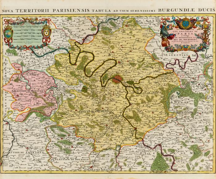Frankreich. Paris. - Les Environs de Paris, mit Paris im Zentrum, mit ornamentaler Titelkartusche und Meilenzeiger.