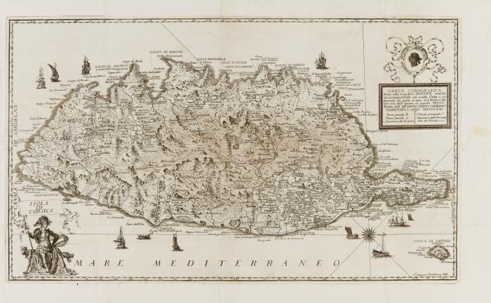 Korsika. Isola di Corsica, mit zwei Kartuschen, Windrose und Schiffsstaffage.