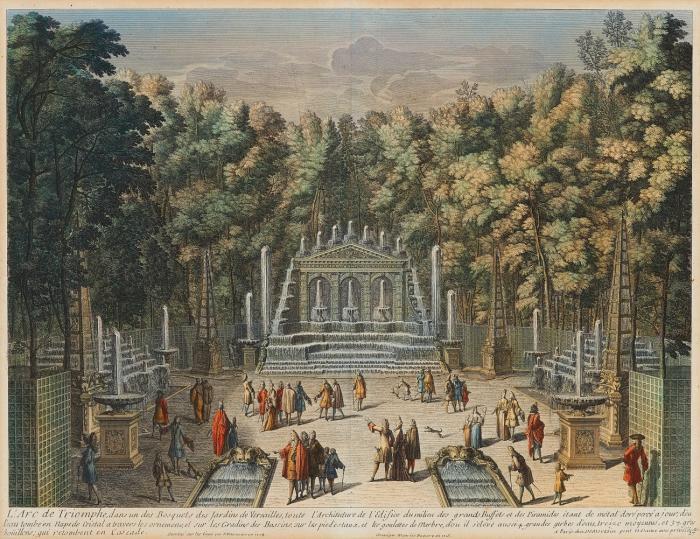 Versailles. 9 Ansichten. Gesamtansicht, Teilansichten der Garten- und Brunnenanlagen sowie  des Pumpwerks in Marly 
Vue et Perspective du Château de Versailles / Fontaine de Latone / Bosquet de la Salle du Bal / L'Isle Royale / Fontaine d'Apollon / La Fontaine de L'Obelisque / Bassin de Neptune / L'Arc de Triomphe / Machine de Marly.