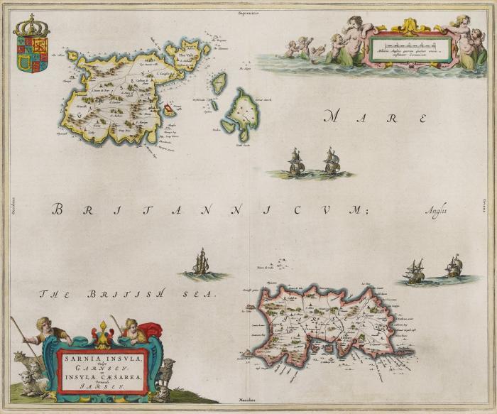 Kanalinseln / Guernsey und Jersey. Sarnia Insula, vulgo Garnsey et Insula Caesarea, Vernacule Jarsey, mit Schiffstaffage und zwei figürlichen Kartuschen.