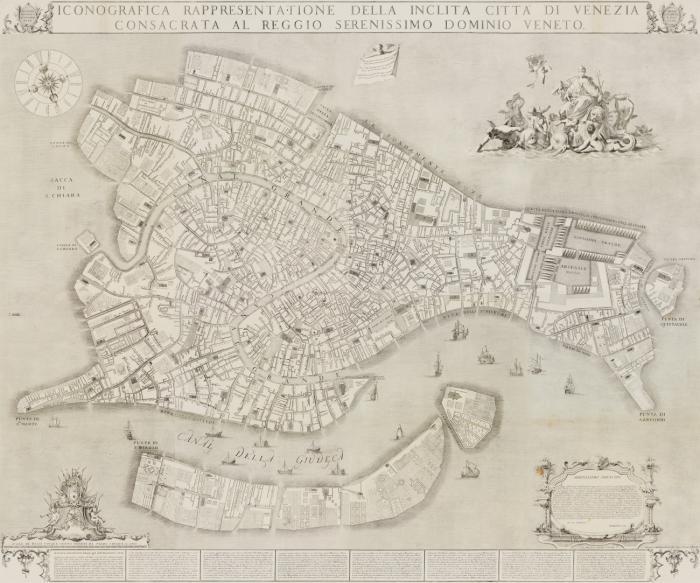 Venedig. Iconografica Rappresentatione della Inclita Città di Venezia Consacrata al Reggio Serenissimo Domino Veneto, großer Gesamtplan der Stadt mit teils figürlichen Kartuschen, Windrose und Legende sowie reicher Schiffsstaffage (ohne die 16 Seitenansichten).
