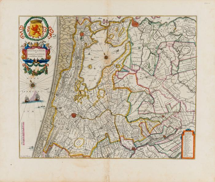 Niederlande. - Geldria Ducatus. / Hollandiae Pars Septentrionalis. / Delflandia, Schielandia. / Zeelandia Comitatus. / Tractus Rheni et Mosae. / Zvydhollandia stricte sumta. / Quarta Pars Brabantiae cujus caput Sylvaducis. / Rhenolandiae et Amstellandiae, Gelderland, Nordholland, Schieland, Zuidholland, Rheinlauf, Zeeland, Brabant und Amsterdam.