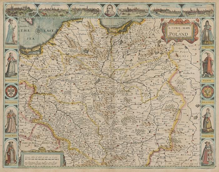Polen. A Newe Mape of Poland, mit sechs Randansichten von Krakau, Danzig, Posen, Crossen a.d.O., Sandomir und Breslau sowie acht seitlichen Trachtendarstellungen.