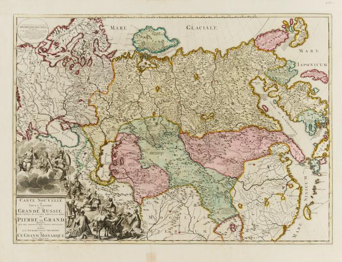 Carte Nouvelle de tout l'Empire de la Grande Russie ..., mit figürlicher Titelkartusche mit Peter dem Großen.