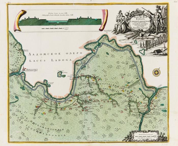 Russland. Ladogasee. Fluvius Newa e lacu Ladoga Petropolin, die Newa vom Lagodasee bis St. Petersburg. / Canalis Ladogensis nova Delineatio, der Lagodakanal.