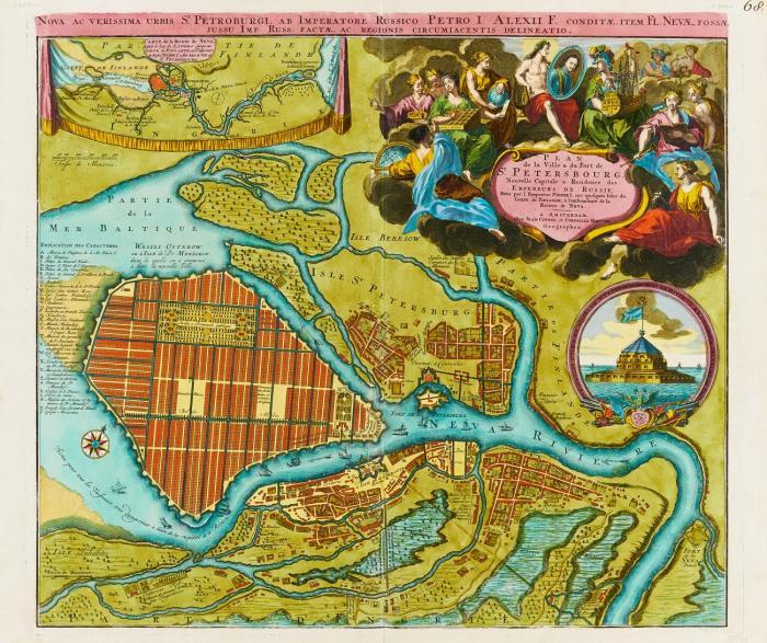 Russland. St. Petersburg. - Nova ac Verissima Urbis St. Petroburgi (...) Plan de la Ville & du Fort de St. Petersburg, Plan von St. Petersburg mit großer figürlicher Kartusche, Vorhangkartusche mit Insetkarte der Newa sowie einer Ansicht der Festung Kronschloss (Kronstadt).