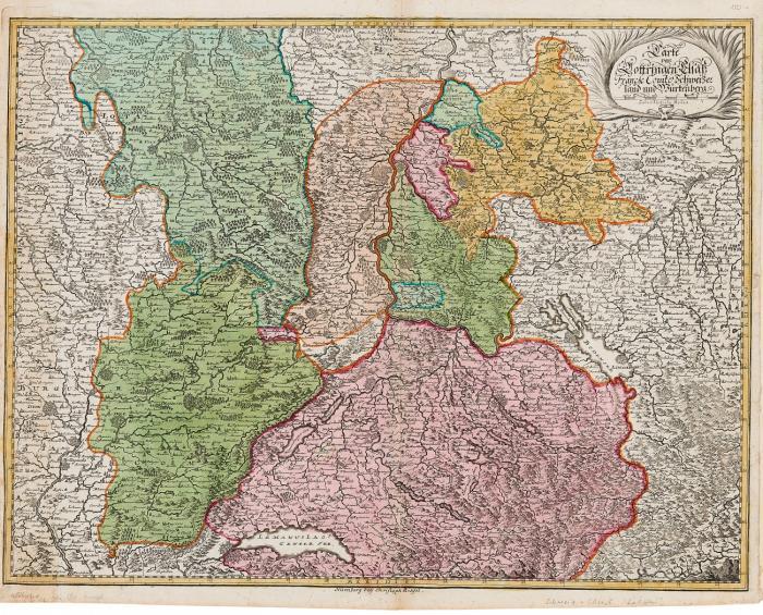 Südwestdeutschland. - Carte von Lottringen Elsass, Franche Comté Schweizerland und Würtenberg, mit Freiburg und Basel im Zentrum.