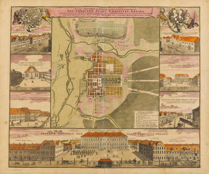 Erlangen. - Accurater Grundris und Gegend der ... Neu-Erbauten Stadt Christian-Erlang ... 1721. Grundriss mit 7 Teilansichten. / Accurater Grundris und Prospect ... Residenz-Schloss und Lustgarten in Christian-Erlang ... Schloss mit Garten sowie 8 Teilansichten.