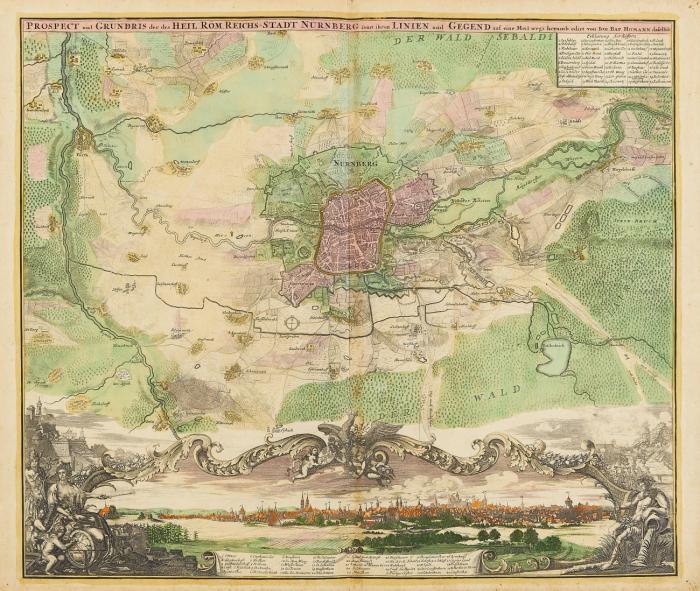 Nürnberg. – Prospect und Grundris der des Heil. Röm. Reichs-Stadt Nürnberg ... Planansicht der Stadt mit Panorama in reich verzierter Kartusche.