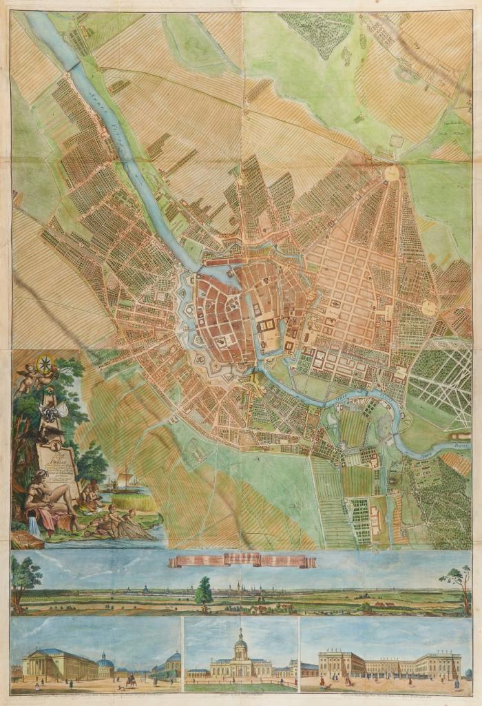 Berlin. – Plan de la Ville de Berlin... Plan der Stadt mit kunstvoller Allegorie um den Titel und einem Propect der Stadt BERLIN von Süden gegen Norden über die gesamte untere Breite mit drei weiteren Ansichten darunter.