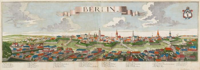 Berlin. Panoramaansicht mit vereinigtem Wappen von Berlin und Brandenburg-Preussen im Himmel und ausführlicher Legende im unteren Rand.