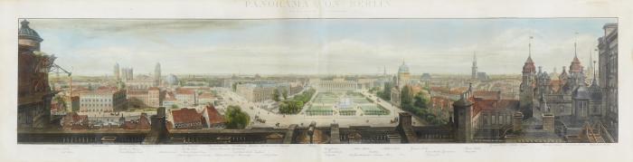 Berlin. – Panorama von Berlin vom Kgl. Schlosse aus aufgenommen mit ausführlicher Legende im unteren Rand.