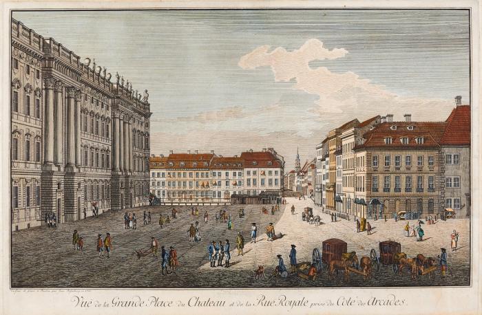 Berlin. – Vuë de la Grande Place du Chateau ... (Schlossplatz) / Vuë du Chateau du coté du Levant, ... (Reiterstandbild des Großen Kurfürsten auf der Langen Brücke, dahinter das Berliner Schloss).