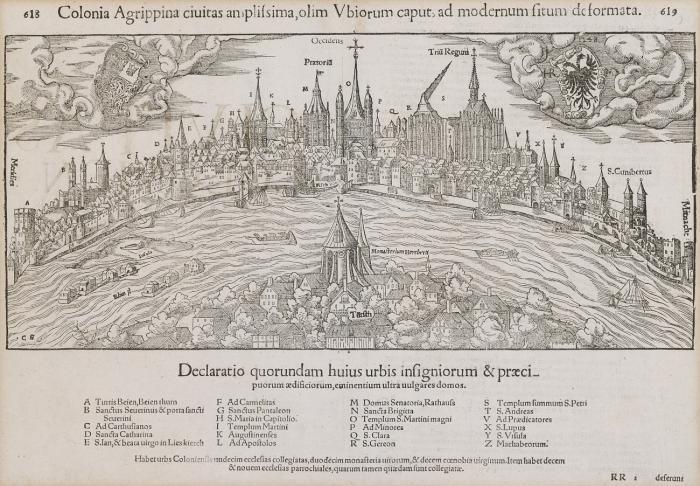 Köln. - Colonia Agrippina civitas amplissima, olim Ubiorum capur, ...  Panoramaansicht von Osten mit Schiffsstaffage auf dem Rhein sowie Stadt- und Reichswappen in den Wolken.