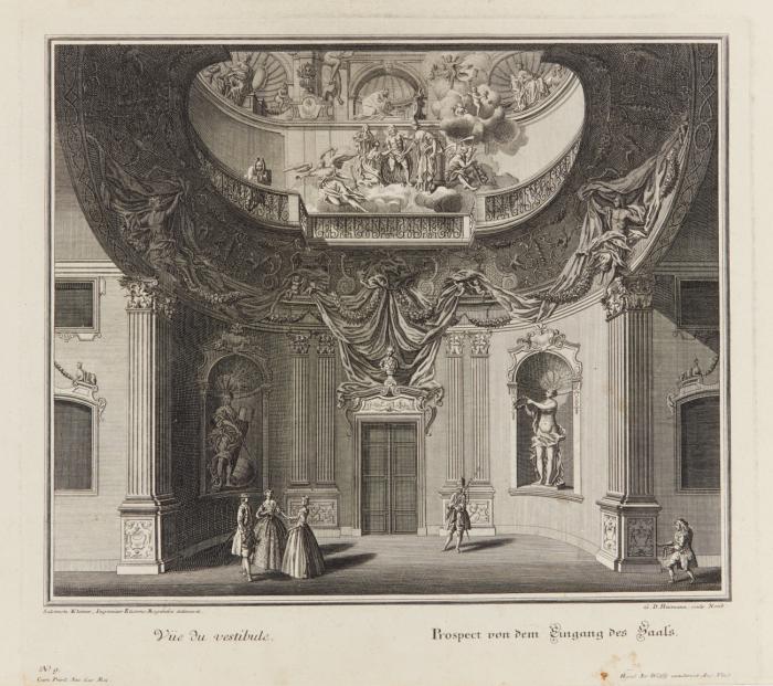 Architektur.– Schloss- und Gartenarchitektur. General Prospect von seithen des Eingangs / Prospect dern stallungen gegen das Schloß / Prospect von dem Eingang des Saals.
3 Blatt Kupferstiche von G.D. Heumann und J.A. Corvinus nach Salomon Kleiner, bei J. Wolff Erben.
