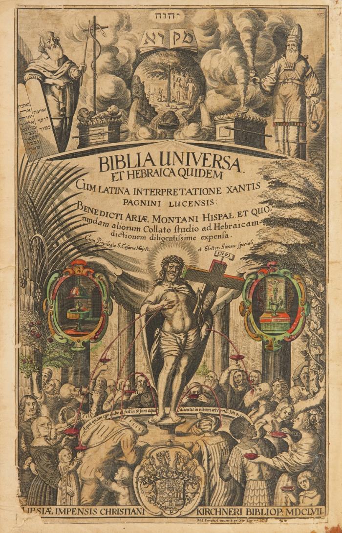 Biblia universa. Et hebraica quidem cum latina interpretatione Xantis Pagnini Lucensis: Benedicti Ariae Montani Hispal. et quorundam aliorum collato studio ad hebraicam dictionem diligentissime expensa. / Novum Testamentum graecum, cum Vulgata interpretatione latina ... - Lucas, Franciscus: Romanae correctionis, in latinis Bibliis editionis Vulgatae ...loca insigniora ... 3 in 1 Bd.