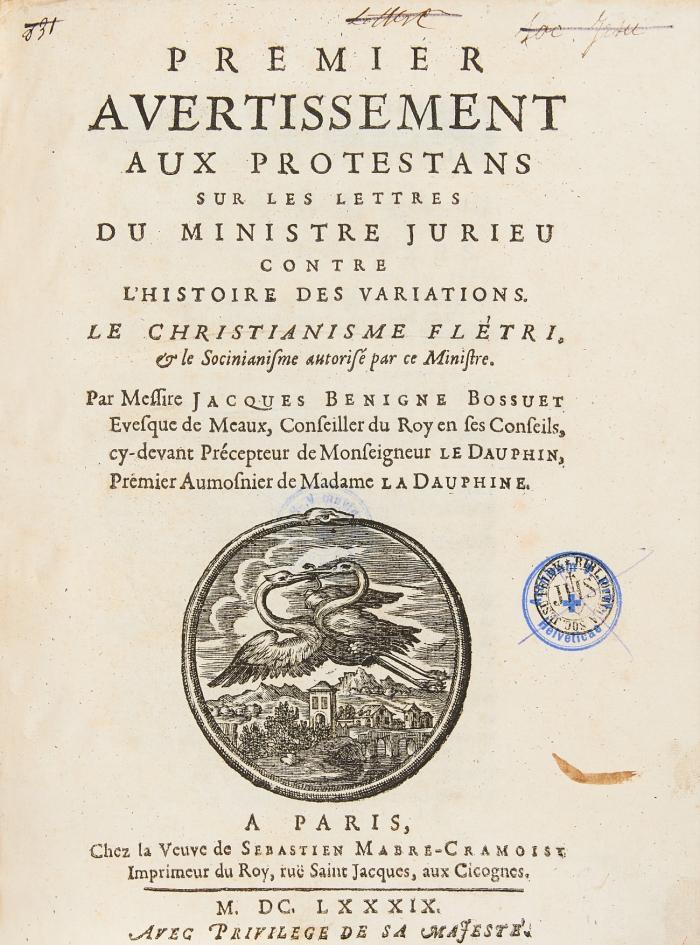 Premier (- sixième) Avertissement aux protestans sur les lettres du ministre Jurieu contre l'histoire des variations. 6 Teile in 1 Bd.