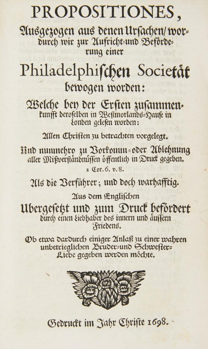 Ein Garten-Brunn gewässert durch die Ströme der göttlichen Lustbarkeit ... oder ein rechtes Diarium... alles desjenigen/ was sich mit dieser theuren Autorin in ihren hohen Beruffe von Jahre 1670 her / zugetragen ... Aus dem Englischen. Tle 1 und 2 (von 3). 
Angebunden: dies.: Eine Offenbarung der Bottschafft:des Ewigen Evangelli ... Amsterdam 1697. 48 S. / dies.: Ursachen und Gründe welche hauptsächlich Anlaß gegeben/ die Philadelphische Societät aufzurichten und zu befördern... Aus dem Englischen... Amsterdam 1698. 64 S. / dies.: Der Himmlische Bottschafter eines Allgemeinen Friedens oder eine dritte Bottschafft an die Philadelphische Gemeinde ... ins Hochteutsche übergesetzt ...