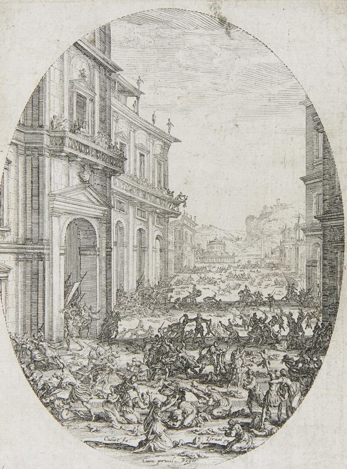 Le Massacre des Innocents, 1 . planche / Le Campement, aus Les Petites misères de la guerre. 1636.