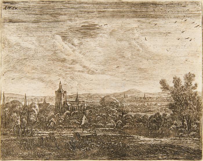 Landschaft mit Kirche im Mondlicht.