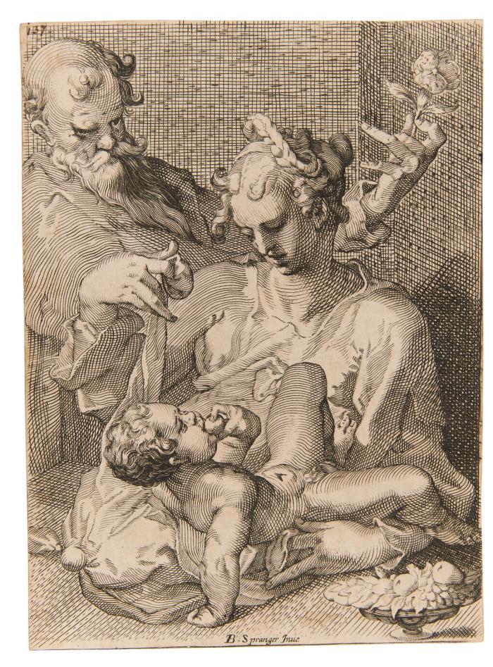 Die heilige Familie mit Rose und Obstschale.