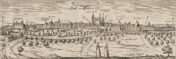 Halle / Sachsen-Anhalt.
1.) Hall in Sachsen. Salinae Saxonicae., Gesamtansicht mit Figurenstaffage. Radierung aus Braun-Hogenberg, 1596-97. Plattengröße 17,6 x 52,2 cm.
2.) Saxonia superior, mit Halle und Wittenberg als zentralen Orten. Kolorierte Kuperstichkarte bei Janssonius-Waesberghe, Moses Pitt und Stephen Swart, aus dem English Atlas, 1680-83. Plattengröße 39,5 x 49,5 cm, Blattgröße 55 x 66,5 cm.