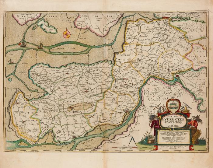 Eiderstedt. Territoria Eyderstede Everschop et Uthholm, Eiderstedt mit der Eider von Friedrichstadt bis zur Mündung (Purrenstrom).