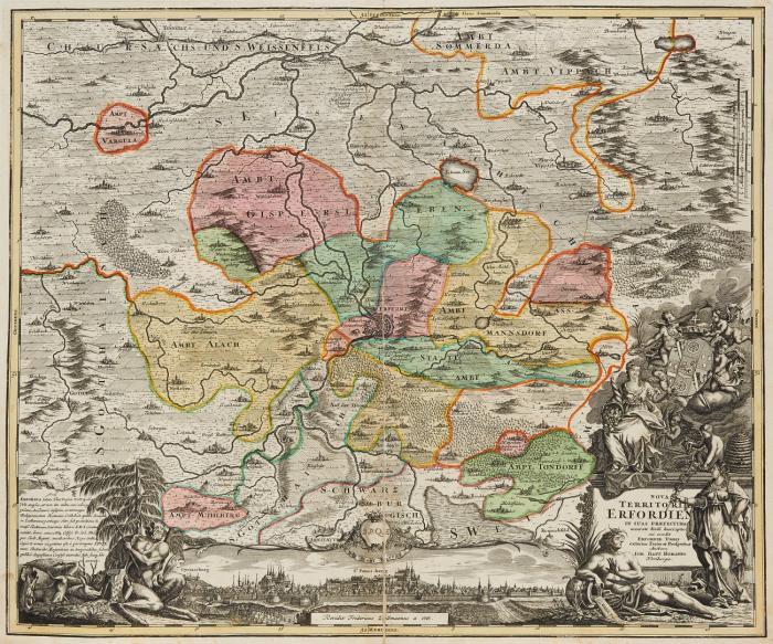 Erfurt. Nova Territori(um) Erfordien(sis) in suas Praefecturas accurate divisi descriptio, Umgebungskarte von Erfurt nit Gesamtansicht und zwei figürlichen Kartuschen.
