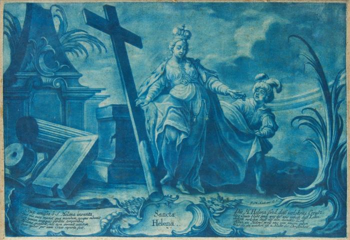 Andachtsgraphik. Sancta Helena, mit dem Heiligen Kreuz und antiken Ruinen, in fürstlichem Ornat mit Schleppenträger.