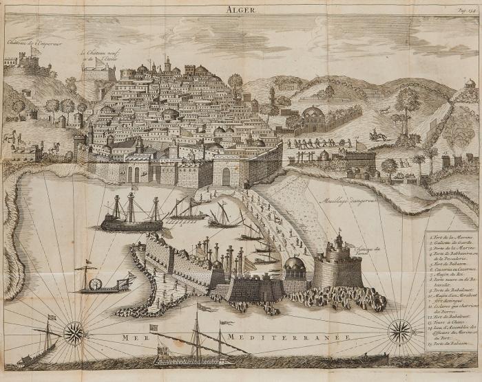 Histoire  du Royaume d'Alger. Avec l'état présent de son gouvernement, de ses forces de terre & de mer, de ses revenus, police, justice politique & commerce. 2 Tle. in 1 Bd.