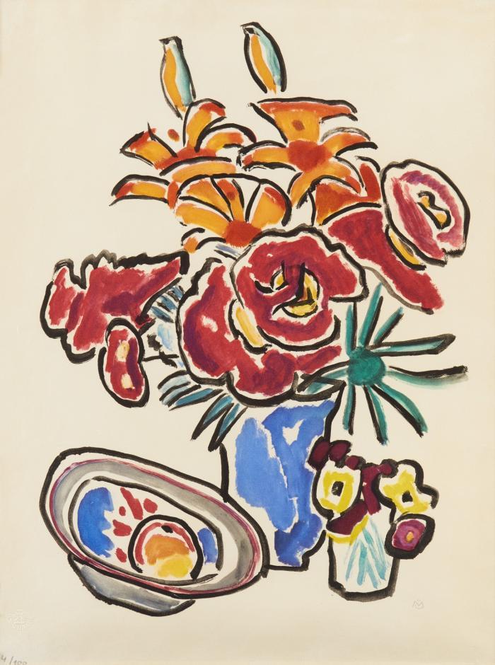 STILLLEBEN MIT BLUMEN UND OBSTSCHALE