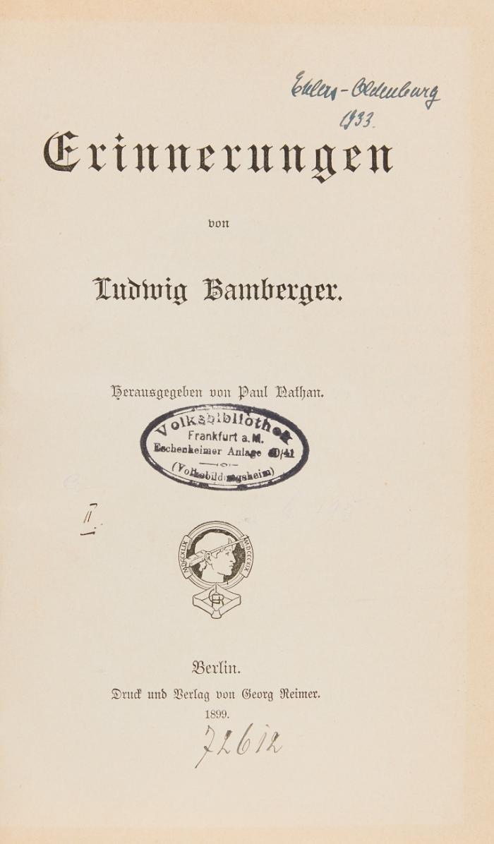 Erinnerungen. Hrsg. von Paul Nathan.