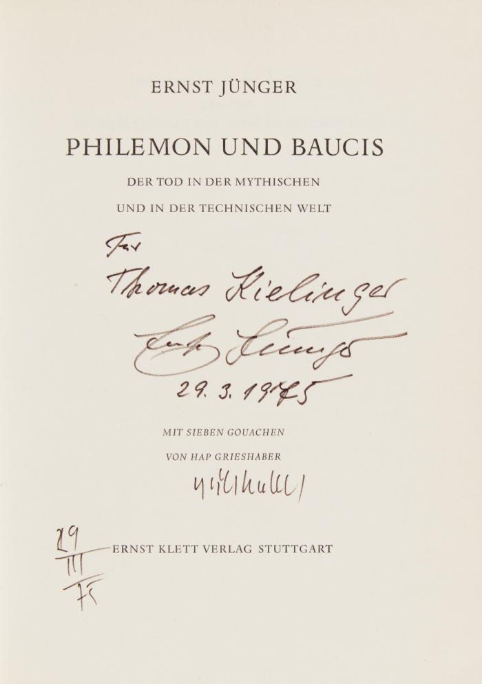 Philemon und Baucis. Der Tod in der mythischen und in der technischen Welt. Mit sieben Gouachen von HAP Grieshaber.
