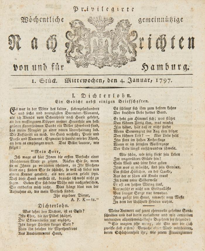 Hamburg. - Privilegirte Wöchentliche gemeinnützige Nachrichten von und für Hamburg. 1. Stück, Januar 1797 - 104. Stück, 30. Dezember 1797.