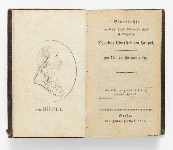 1.) Biographie des Königl. Preuß. Geheimenkriegsraths zu Königsberg, Theodor Gottlieb von Hippel, zum Theil von ihm selbst verfaßt. Aus Schlichtegrolls Nekrolog besonders abgedruckt.
2.) Nachlaß über weibliche Bildung.