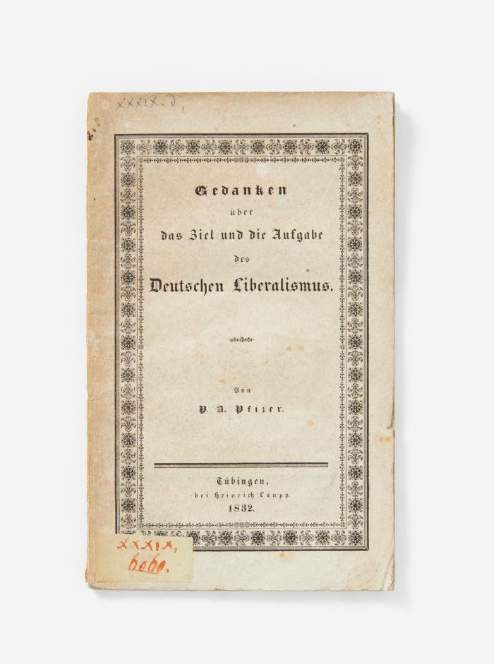 2 Schriften in 2 Heften.
1.) Gedanken über das Ziel und die Aufgabe des Deutschen Liberalismus.   2.) Deutschlands Aussichten im Jahr 1851.
