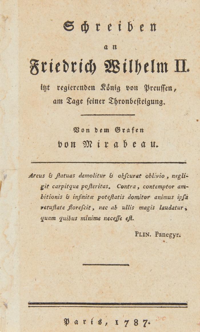 Schreiben an Friedrich-Wilhelm II. itzt regierenden König von Preussen, am Tage seiner Thronbesteigung.