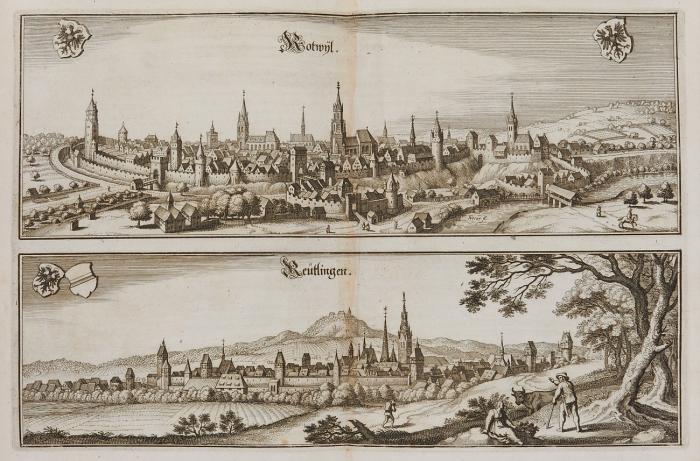 Topographia Sueviae das ist Beschreib- und aigentliche Abcontrafeitung der fürnembste(n) Stätt und Plätz in Ober und Nider Schwaben, Hertzogthum Würtenberg Marggraffschafft Baden, und andern zu dem ... Schwabischen Craiße gehörigen Landtschafften und Orten. + Topographia Franconiae. Das ist Beschreibung Und Eygentliche Contrafactur der Vornembsten Stätte und Plätze des Franckenlandes. Ebda.: 1648 (-1656, Anhang).  Mit alleg. Kupfertitel, gest. Wappenvign., 1 gefalt.Kupferkarte und 42 t. doppelblattgr. und gefalt. Kupfertafeln. 2 Bll., SS. 3- 78 SS., 5 Bll.; [Anhang:] 56 SS, 4 Bll.