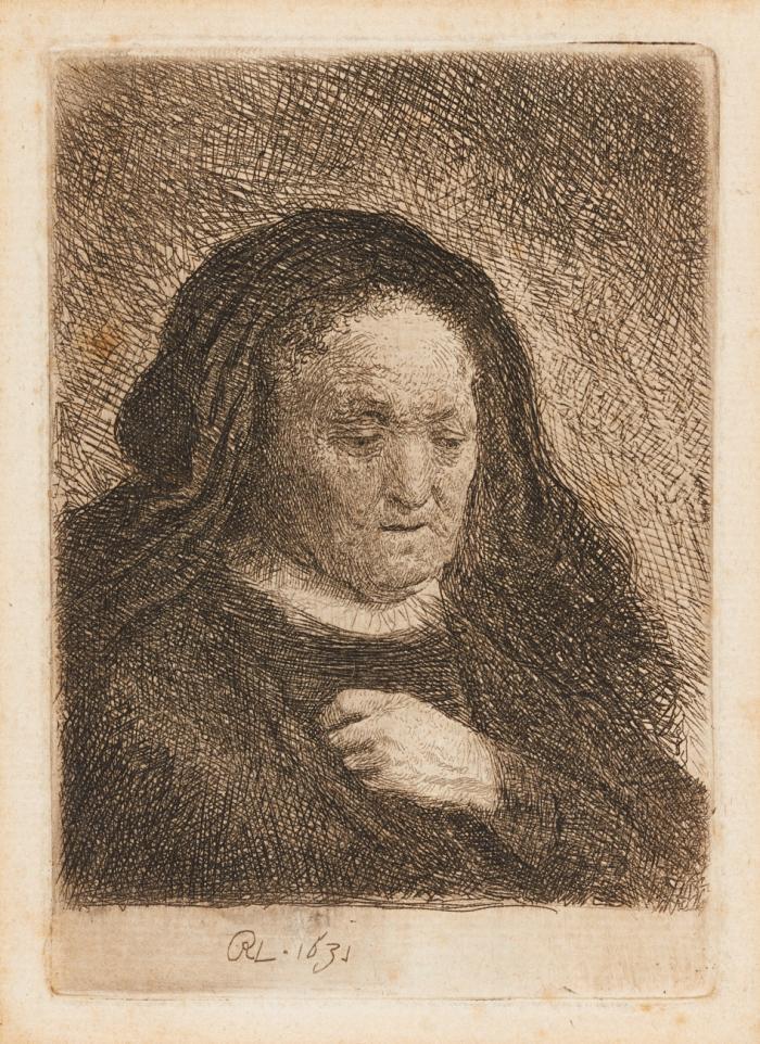 Rembrandts Mutter, mit der Hand auf der Brust.