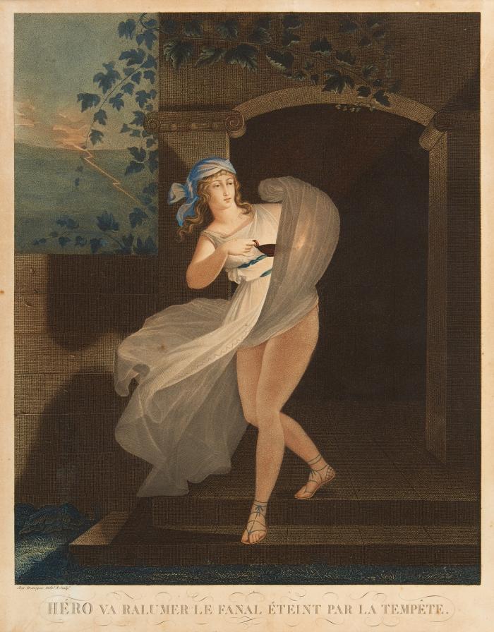 Héro et Leandre / Héro va ralumer le fanal éteint par la tempête.